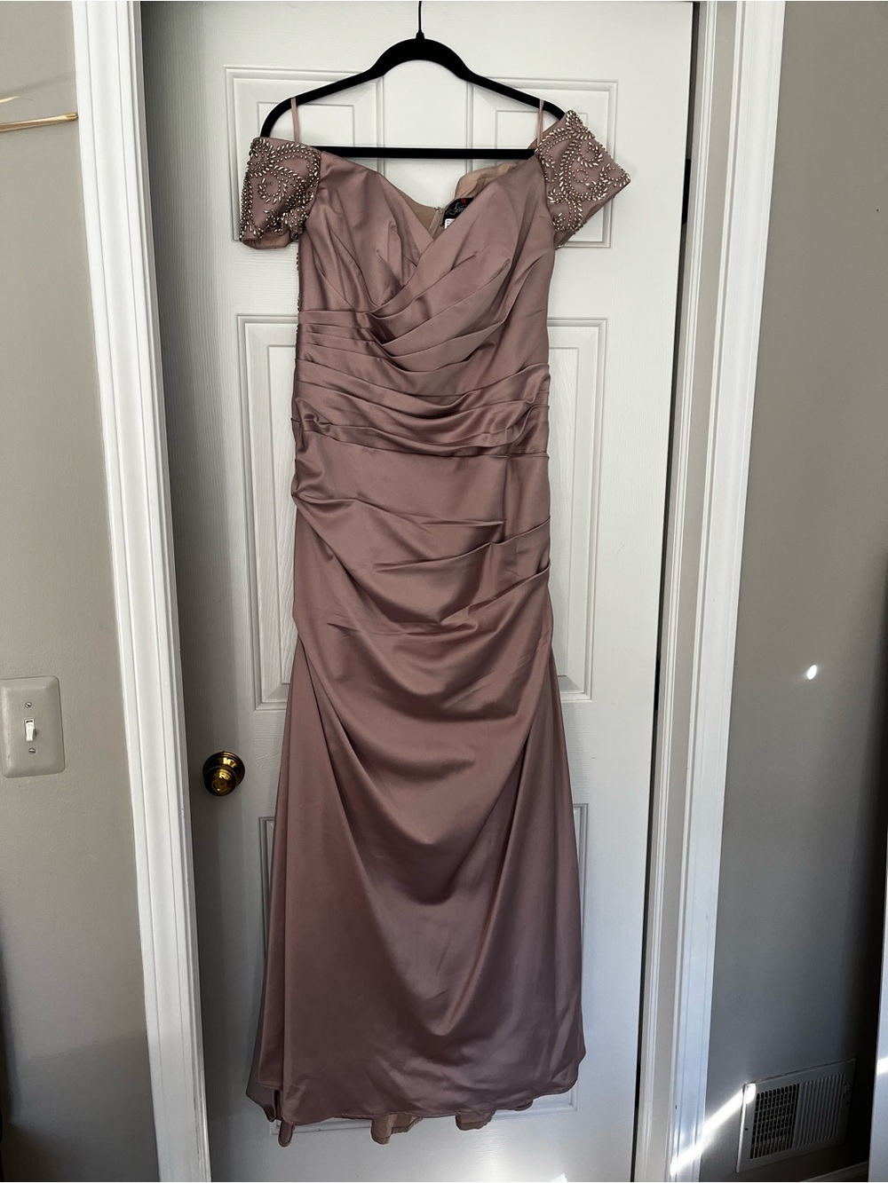 La Femme Dusty Rose Off-Shoulder Evening Gown